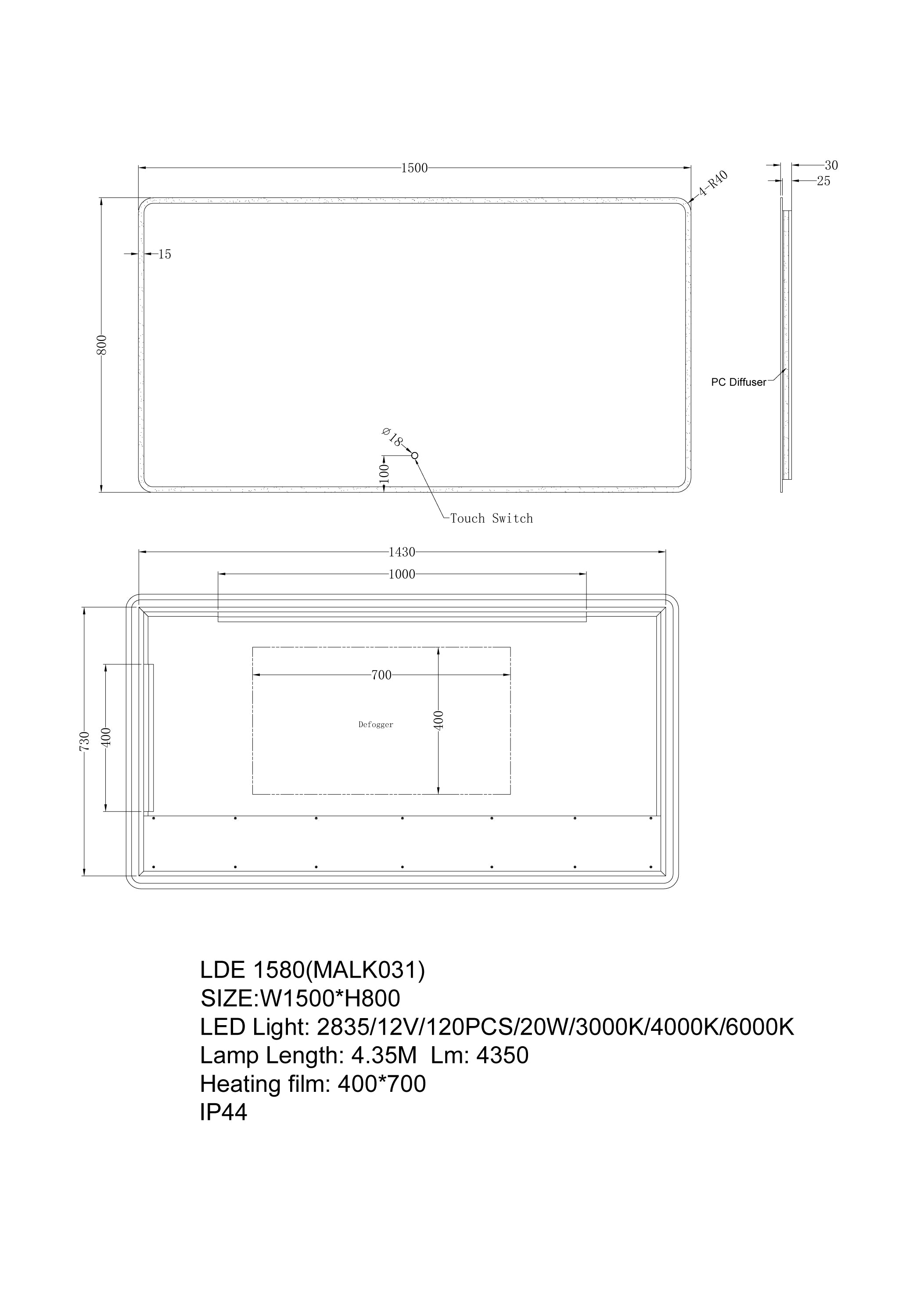 LED Mirror 1500x800mm
