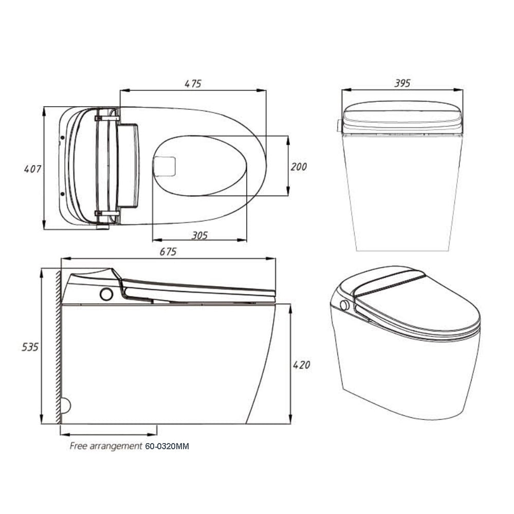 Free Arrangement Instant Heating Smart Toilet 675*395*495mm