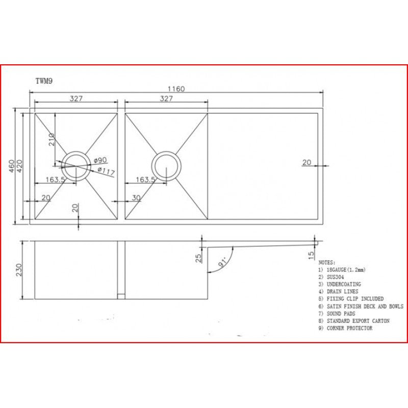 Stainless Steel Double Bowl Kitchen Sink 1160x460x230mm