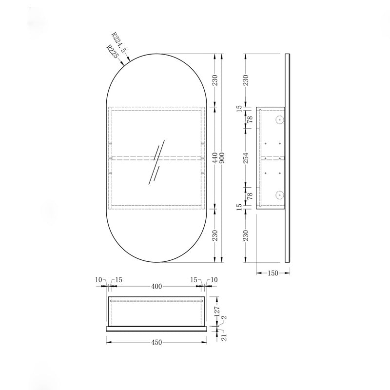 Carysil Noble 450x900mm Matte Oval Shaving Cabinet