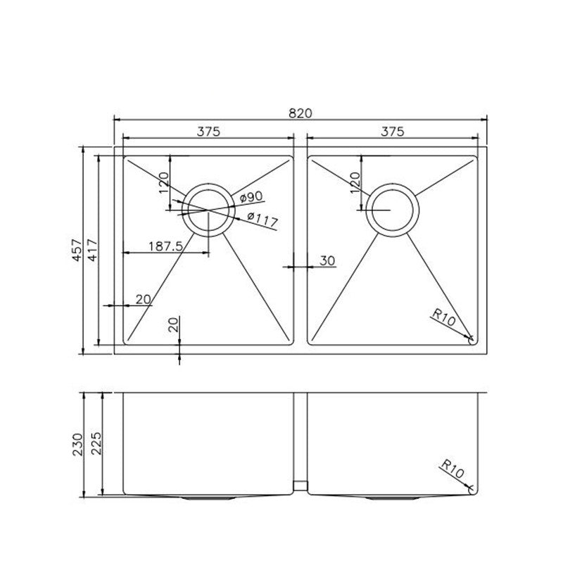 Stainless Steel Double Bowl Kitchen Sink 820x457x230mm