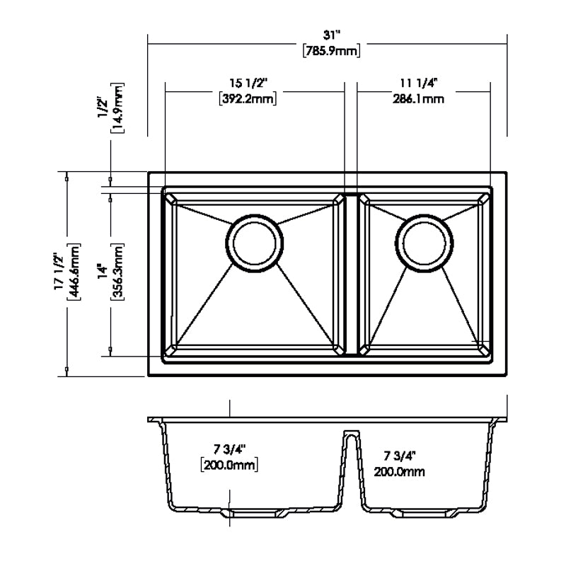 Carysil Maples 6040U Granite Double Bowl Stone Kitchen Sink 786*446*200mm(Undermount only)