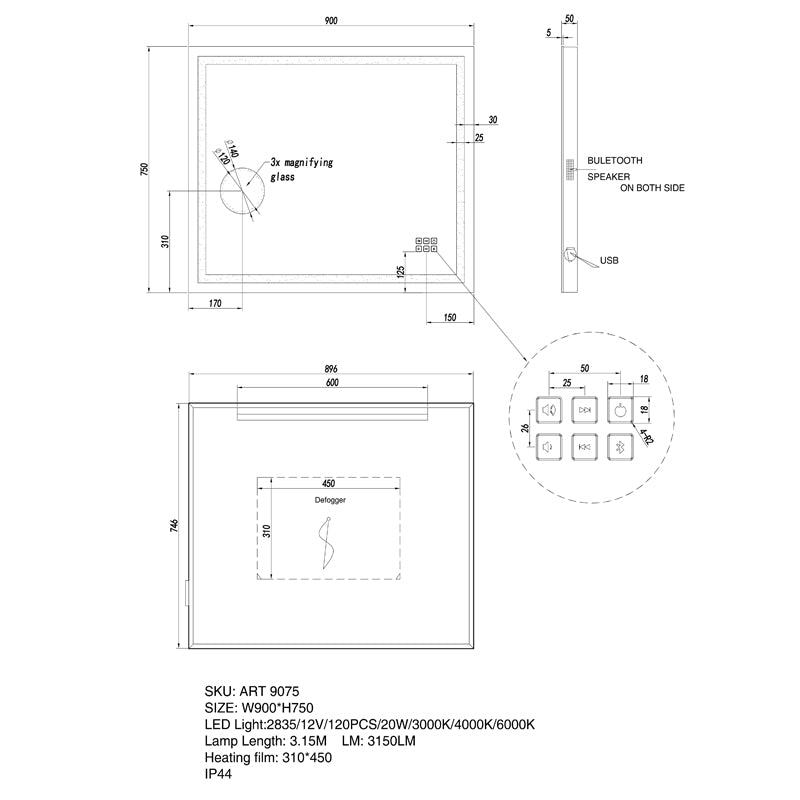 Bluetooth LED Mirror 900x750mm
