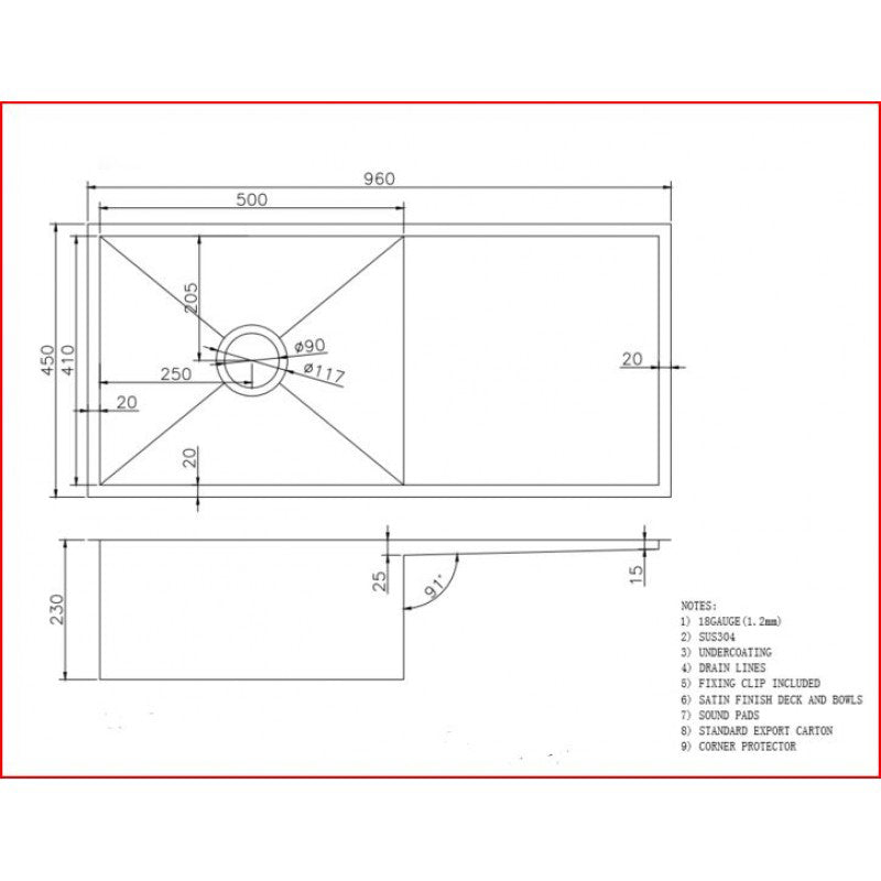 Stainless Steel PVD Single Bowl Kitchen Sink 960x450x230mm