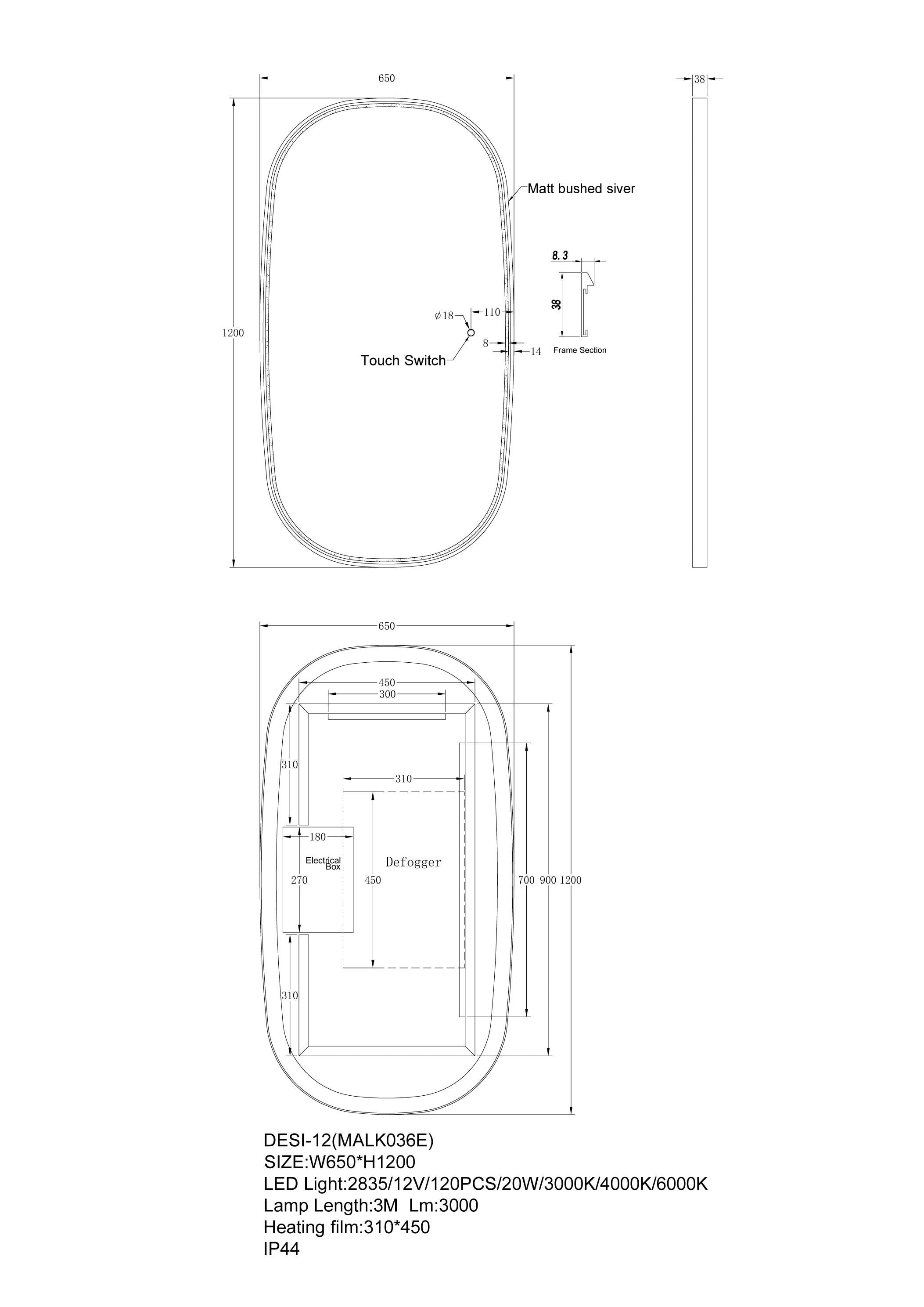 Framed LED Dressing Mirror 1200x650mm