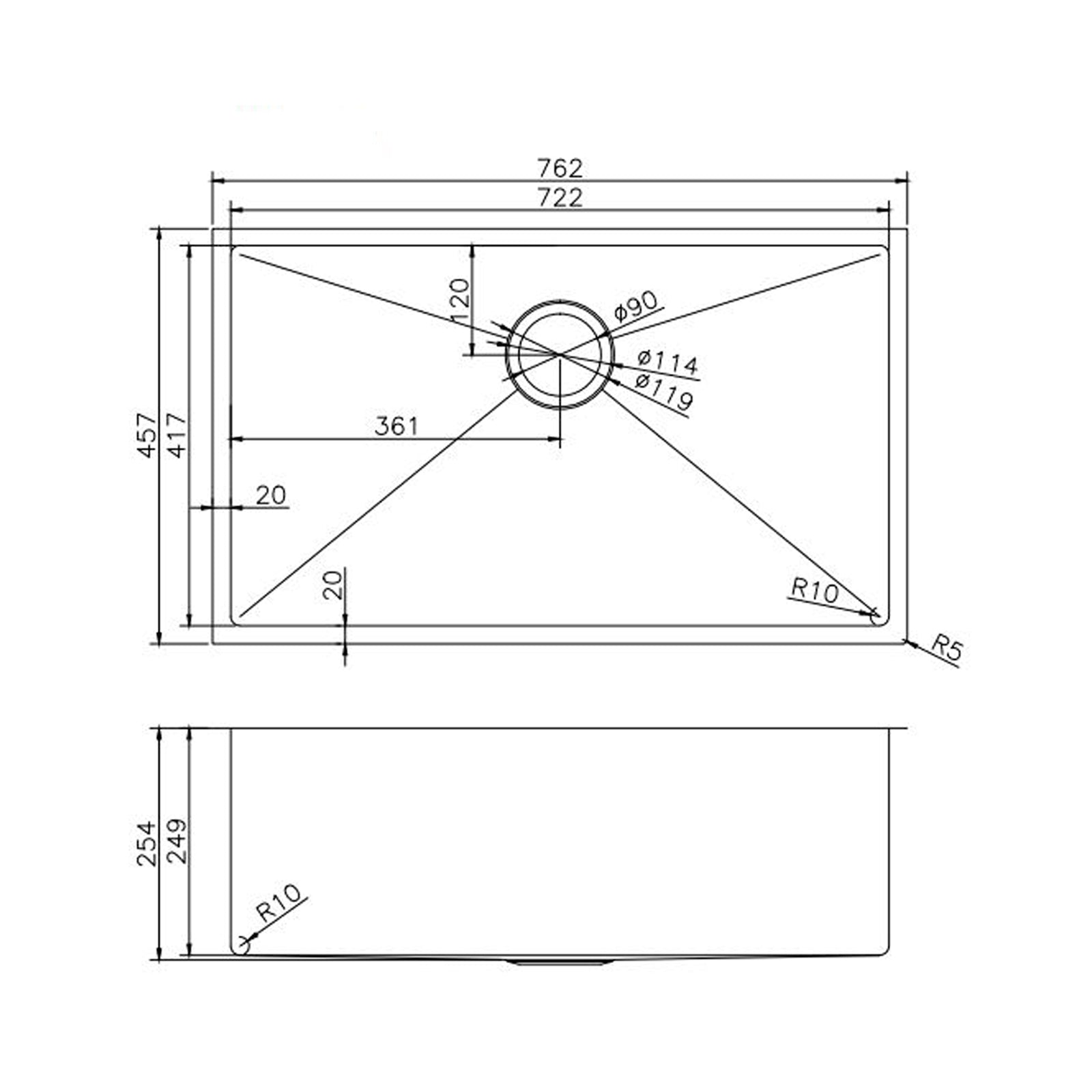 Stainless Steel Single Bowl Kitchen Sink 762x457x254mm