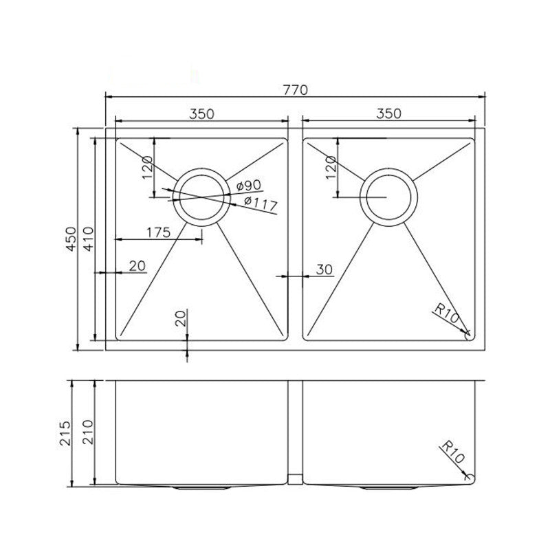 Stainless Steel PVD Double Bowl Kitchen Sink 770x450x215mm