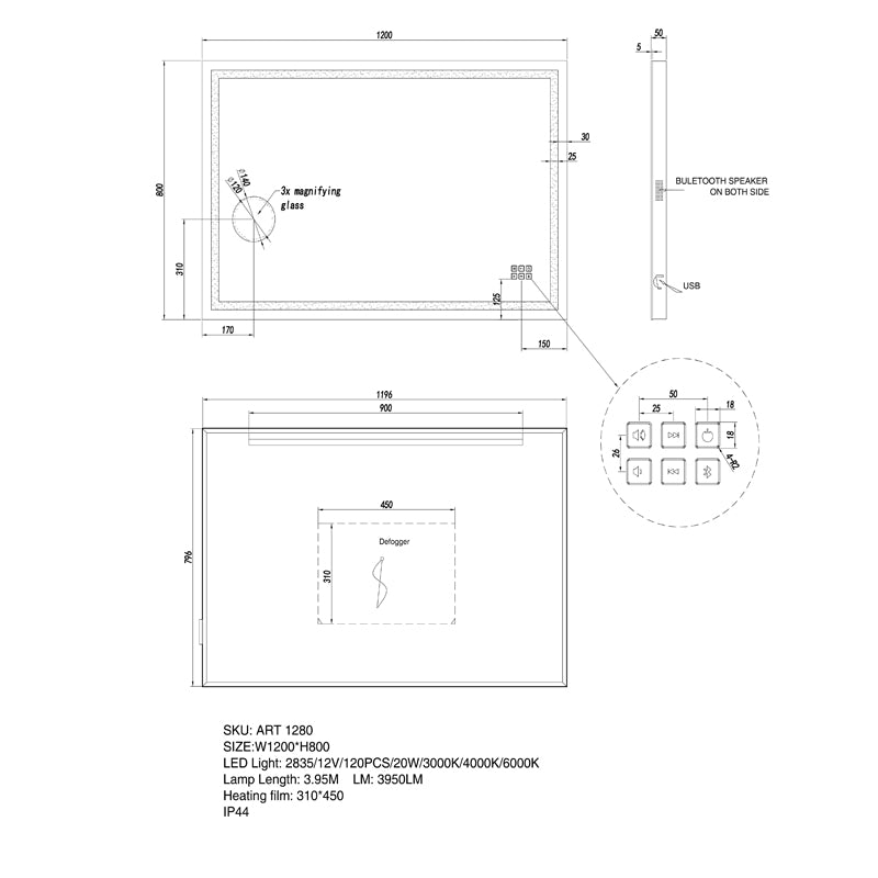 Bluetooth LED Mirror 1200x800mm