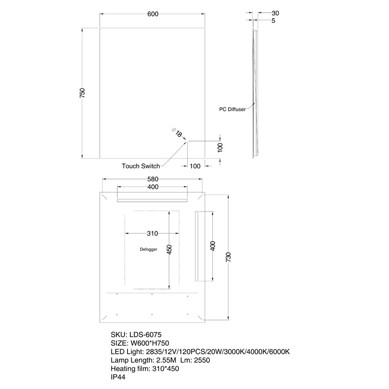 LED Mirror 600x750mm