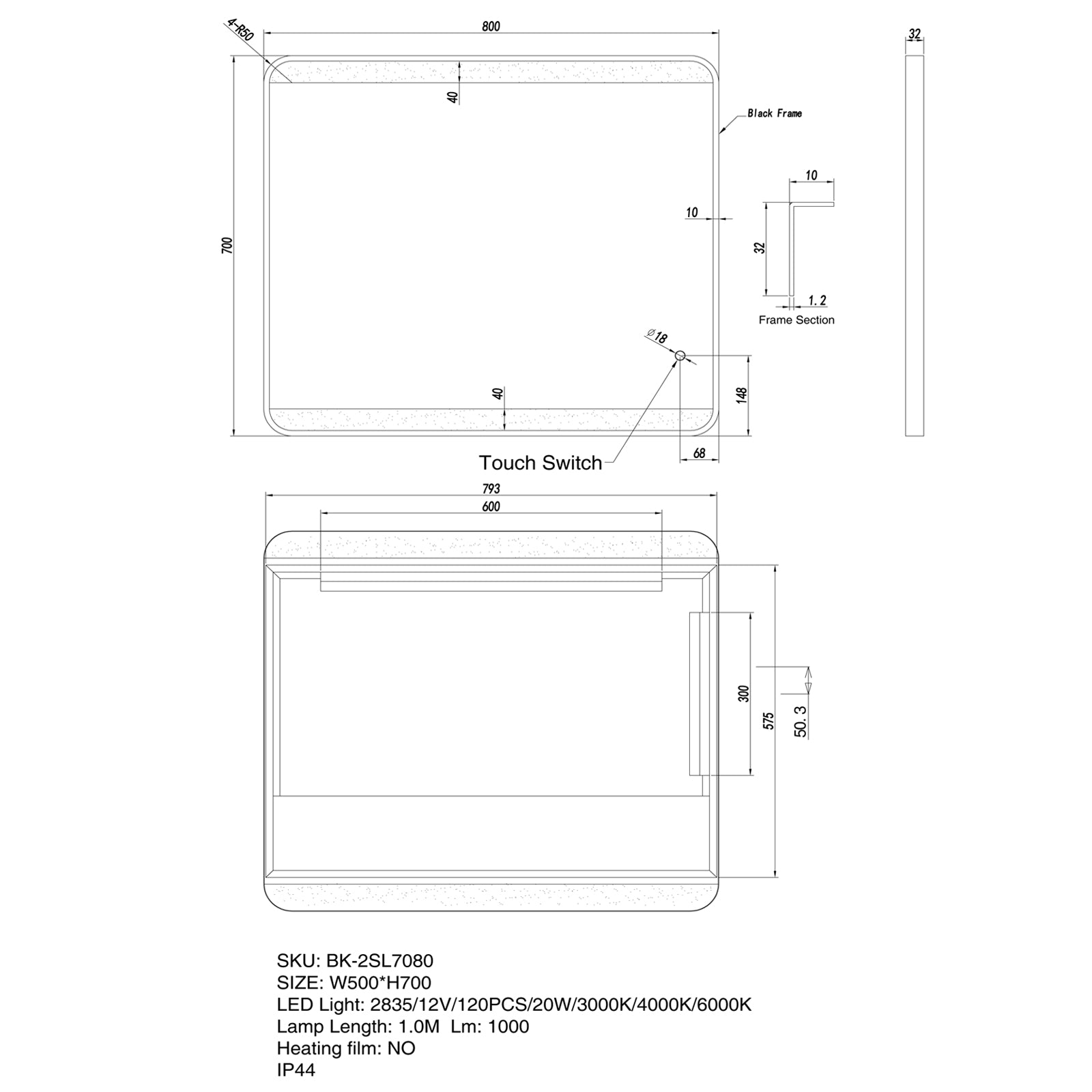 Framed LED Mirror 700x800mm