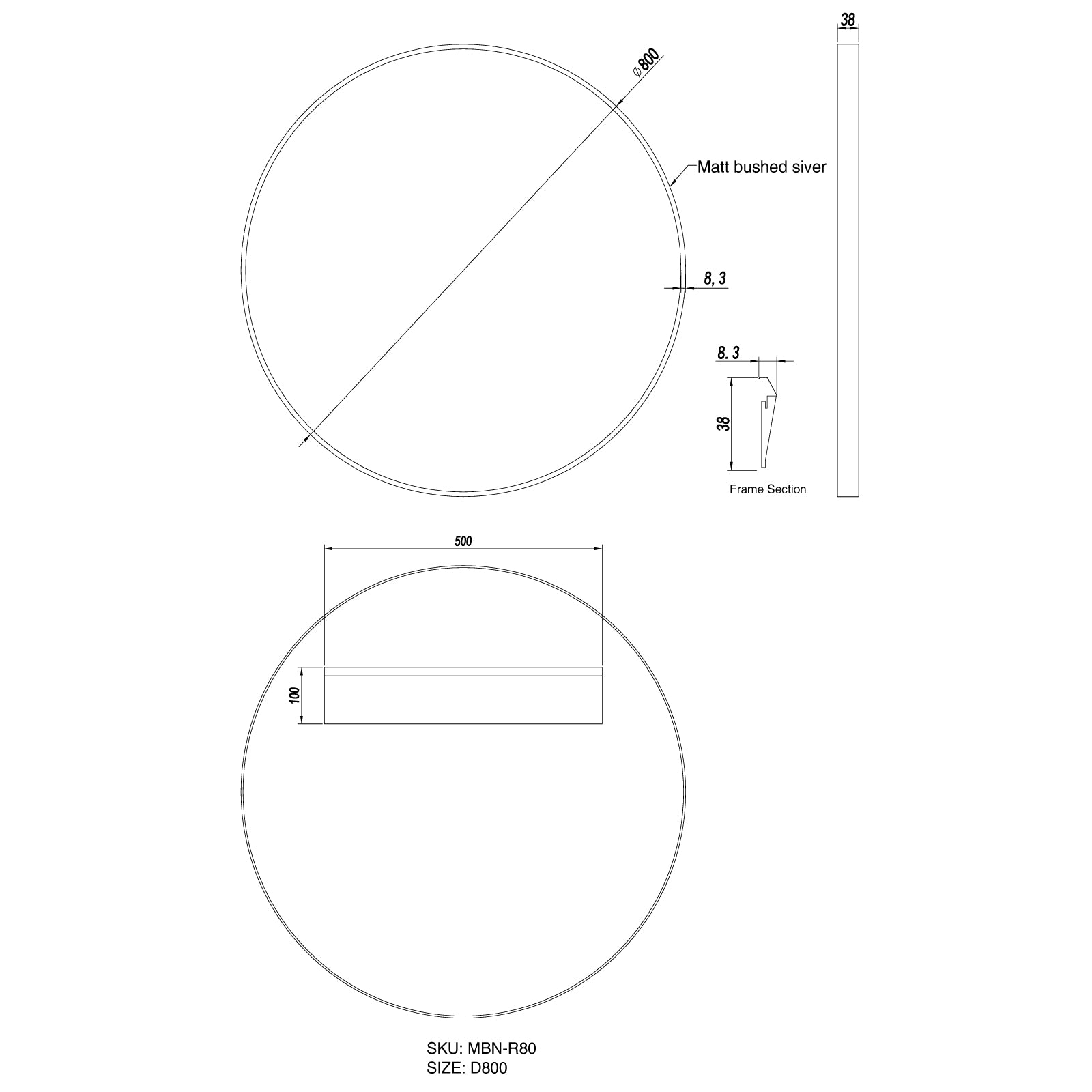 Matte Framed Mirror 800mm