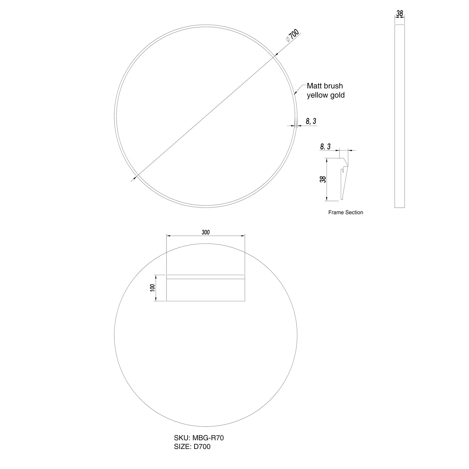 Matte Framed Mirror 700mm