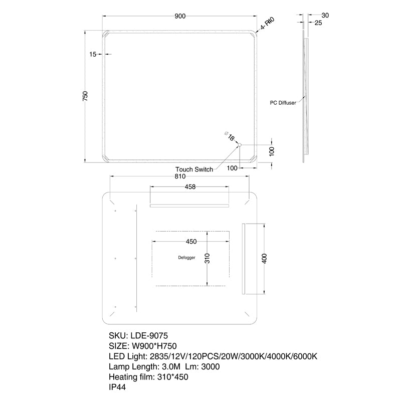 LED Mirror 900x750mm