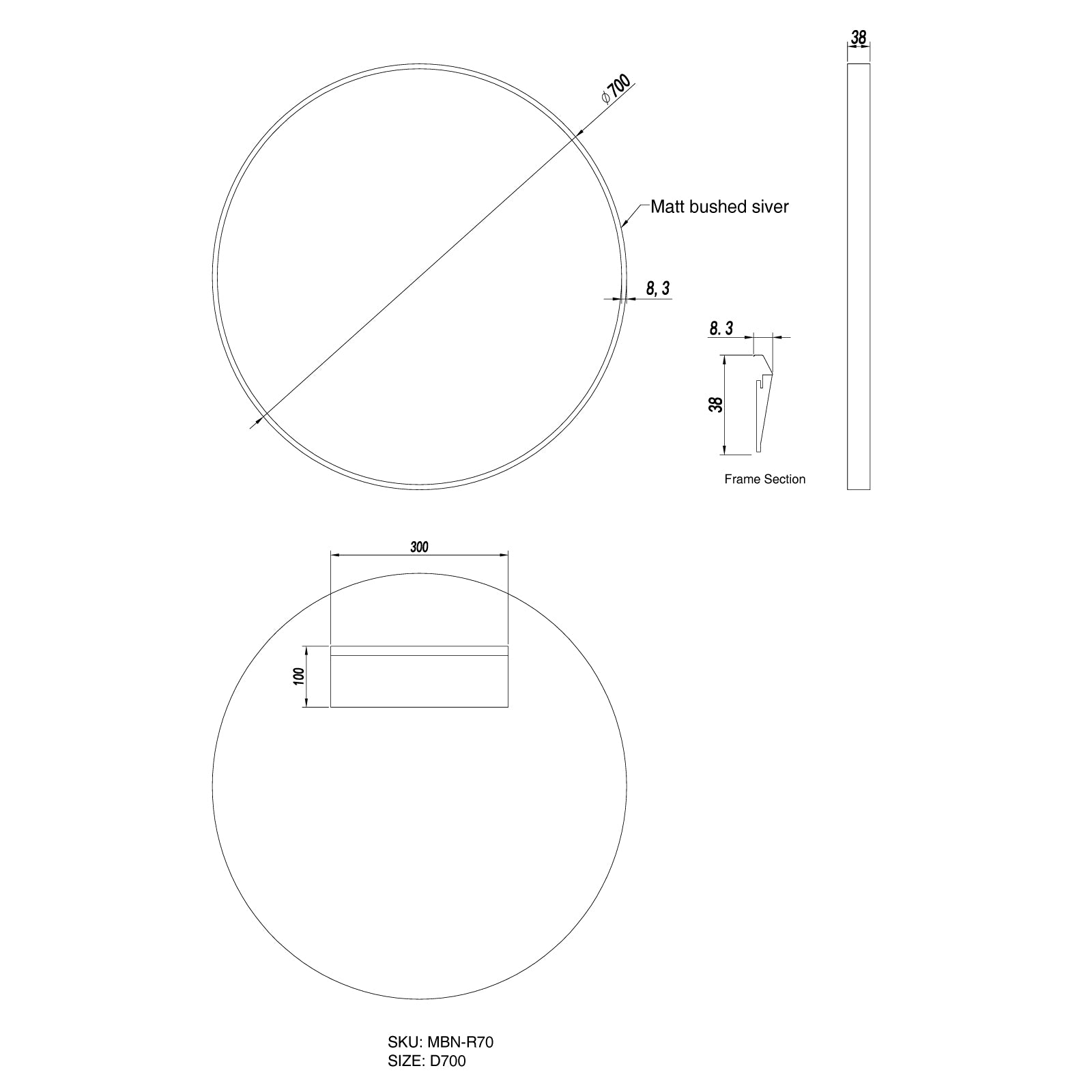 Matte Framed Mirror 700mm