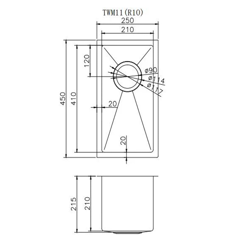 Round Corner Stainless Steel PVD Coating Single Bowl Kitchen Sink(with Bottom Grid) 250*450*215mm