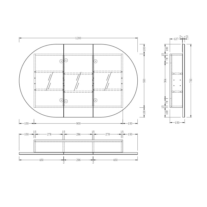 Carysil Mystic 1200x750mm Walnut Oval Shaving Cabinet