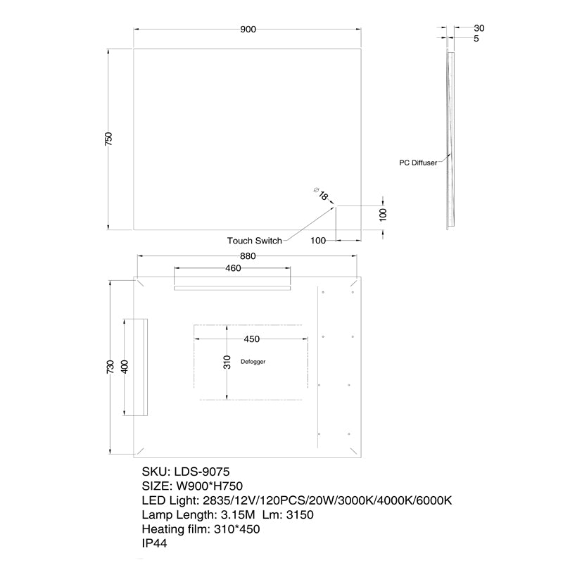 LED Mirror 900x750mm
