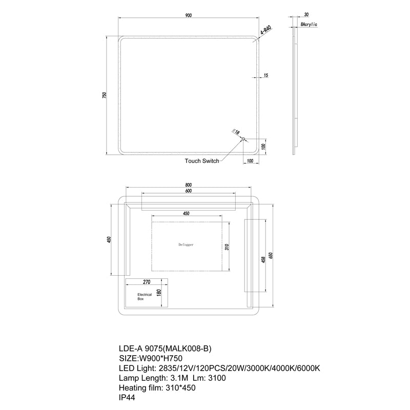 LED Mirror 900x750mm