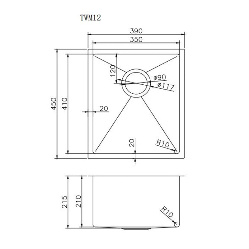 Round Corner Stainless Steel PVD Coating Single Bowl Kitchen Sink(with Bottom Grid) 390*450*215mm