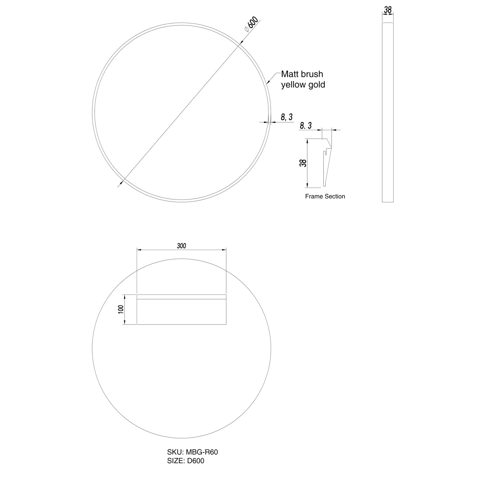 Matte Framed Mirror 600mm