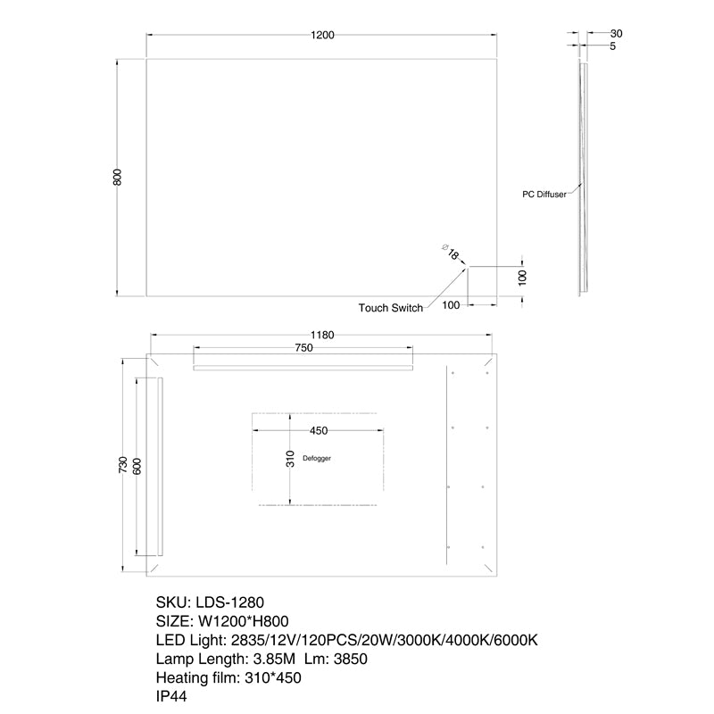 LED Mirror 1200x800mm