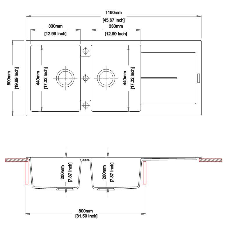 Carysil Granite Double Bowl Kitchen Sink 1160x460x200mm