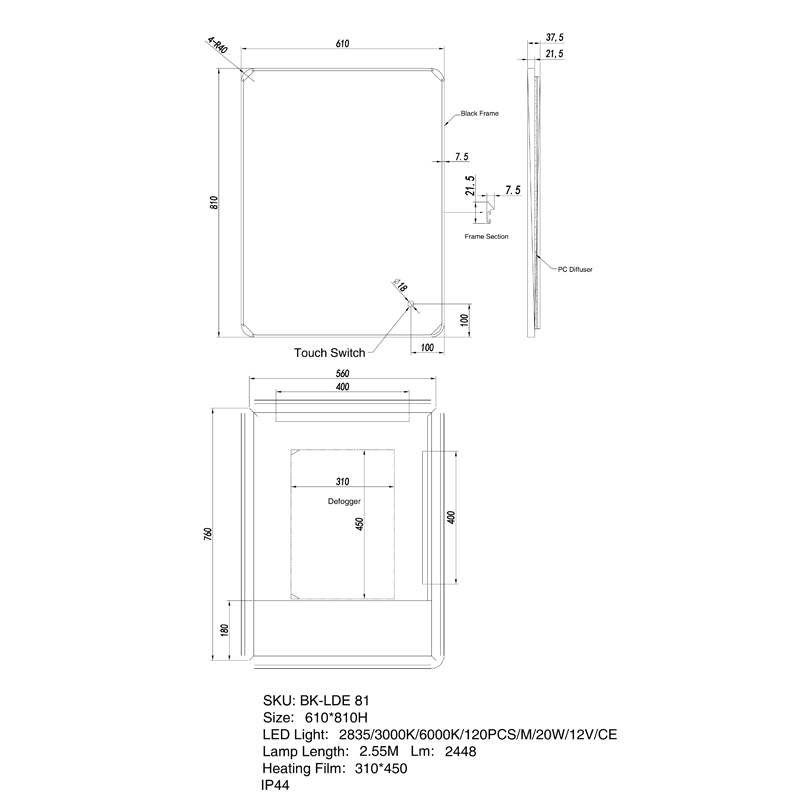 Framed LED Mirror 810x610mm