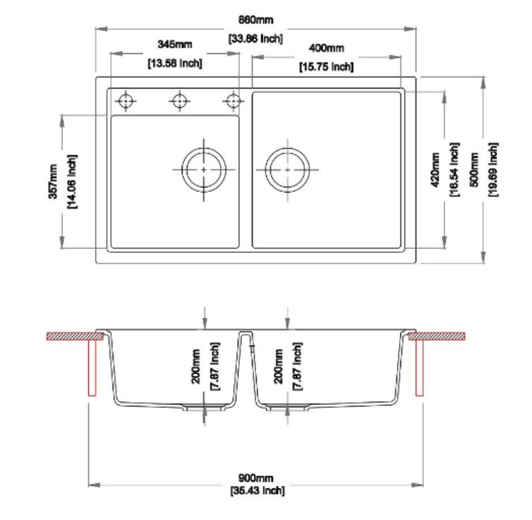 Carysil Granite 1 & 3/4 Bowl Kitchen Sink 860x500x200mm