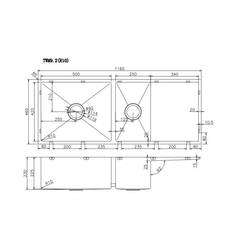Stainless Steel 1 & 1/2 Bowl Kitchen Sink 1160x460x230mm