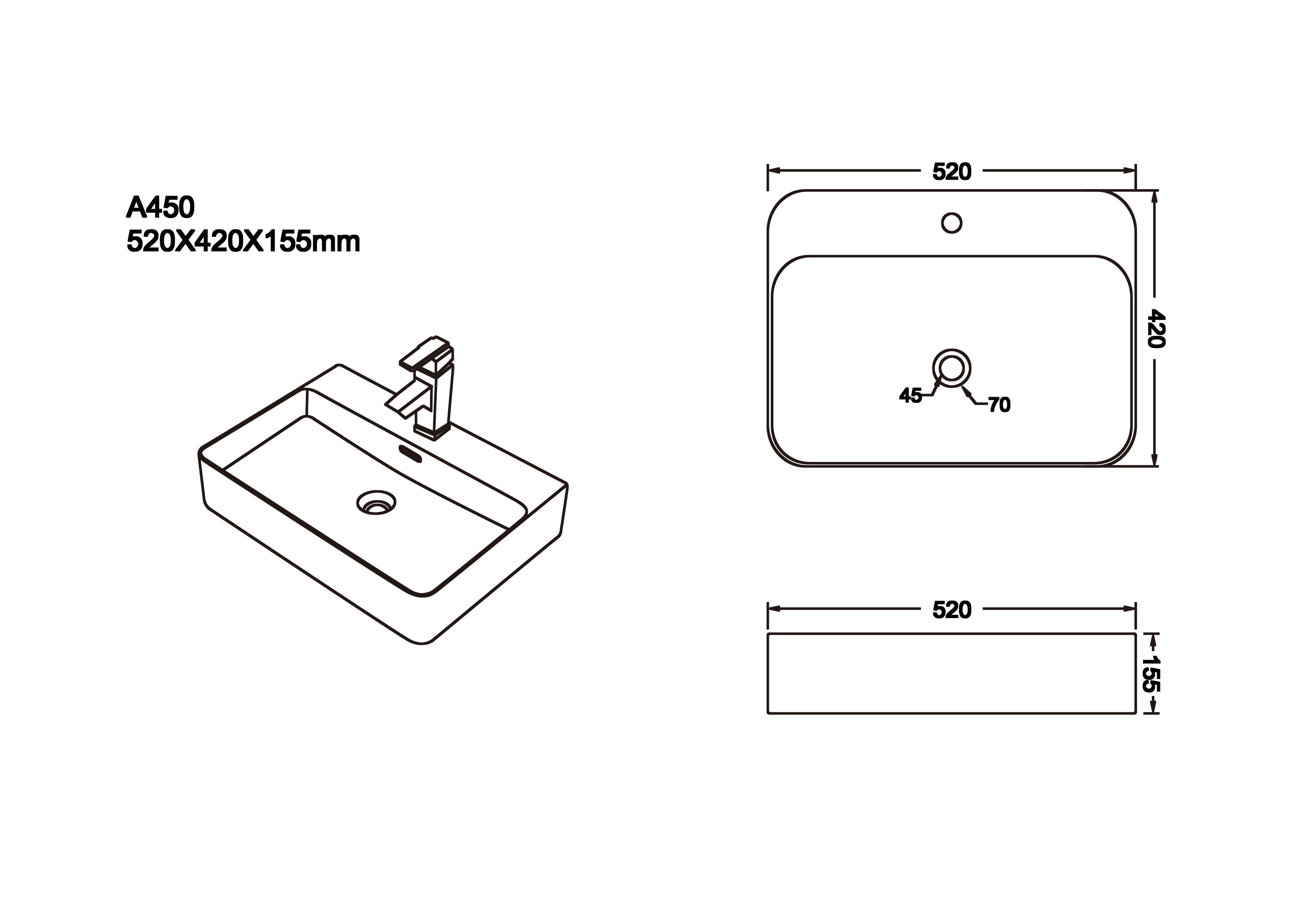 Gloss Wall Hung Basin 520x420x155mm