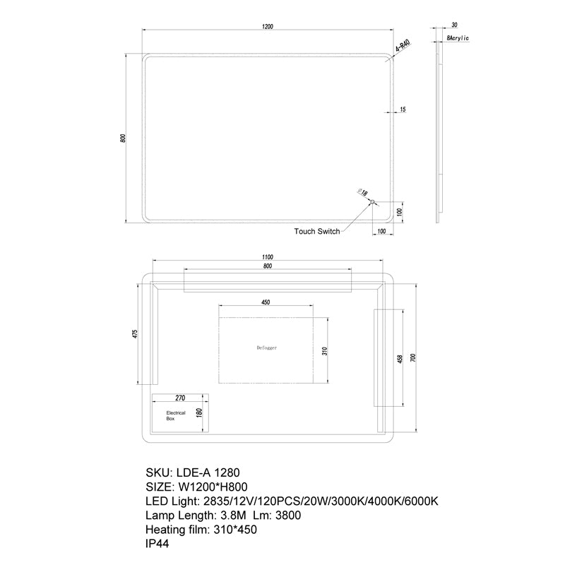 LED Mirror 1200x800mm