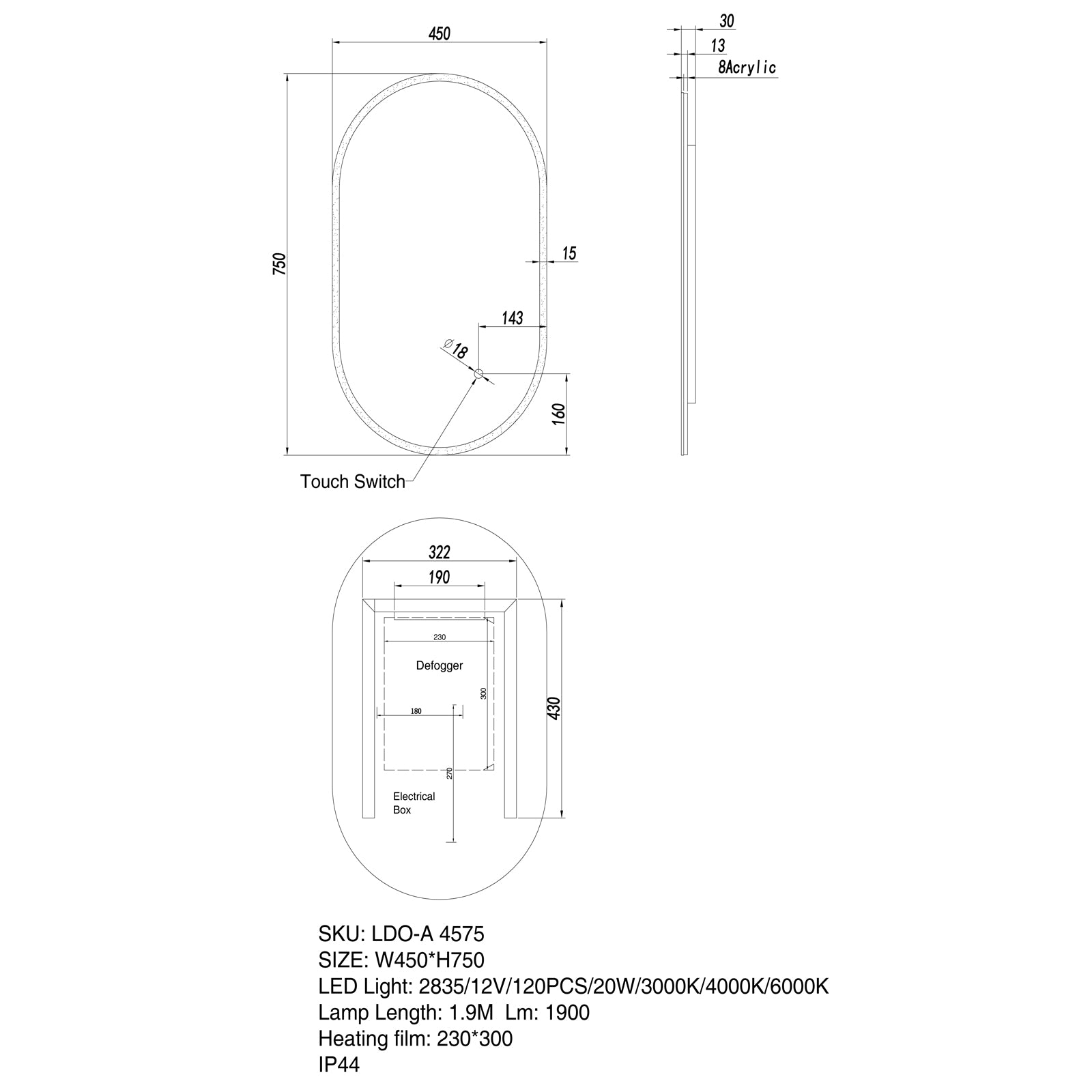 LED Mirror 450x750mm