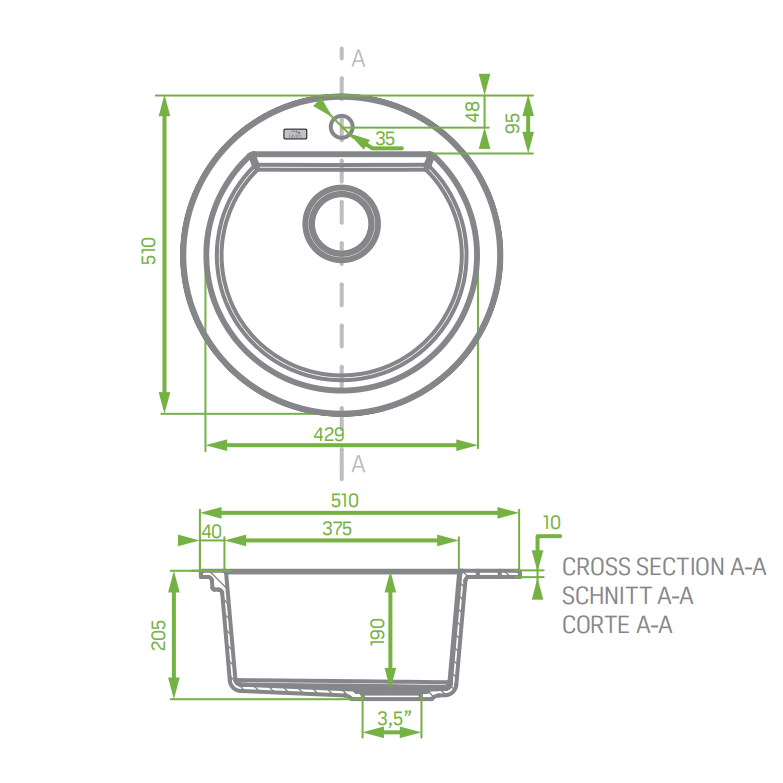 Granite Single Bowl Kitchen Sink 510x205mm