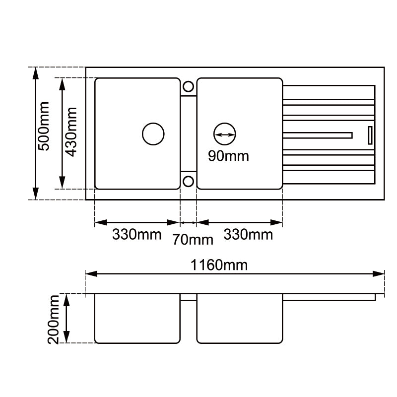 Granite Double Bowl Kitchen Sink 1160x500x200mm