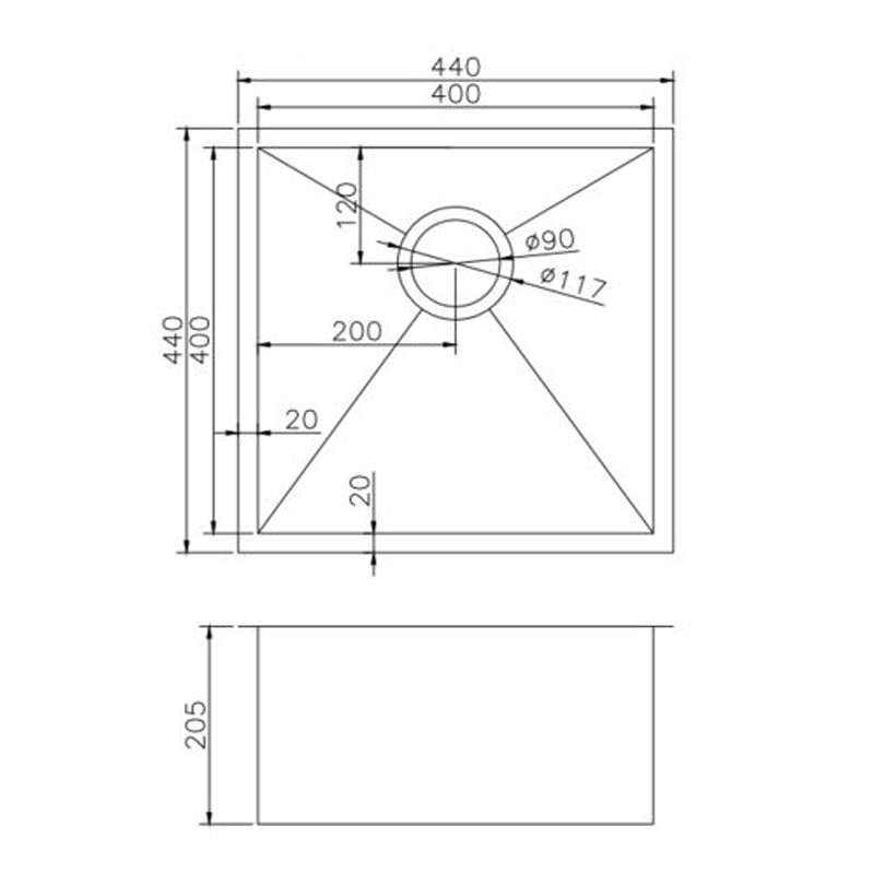 Stainless Steel Single Bowl Kitchen Sink 440x440x205mm