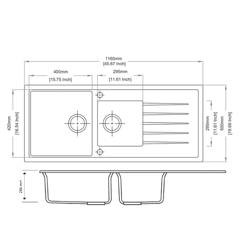 Concrete Carysil Granite 1 & 1/2 Bowl Kitchen Sink 1160x500mm