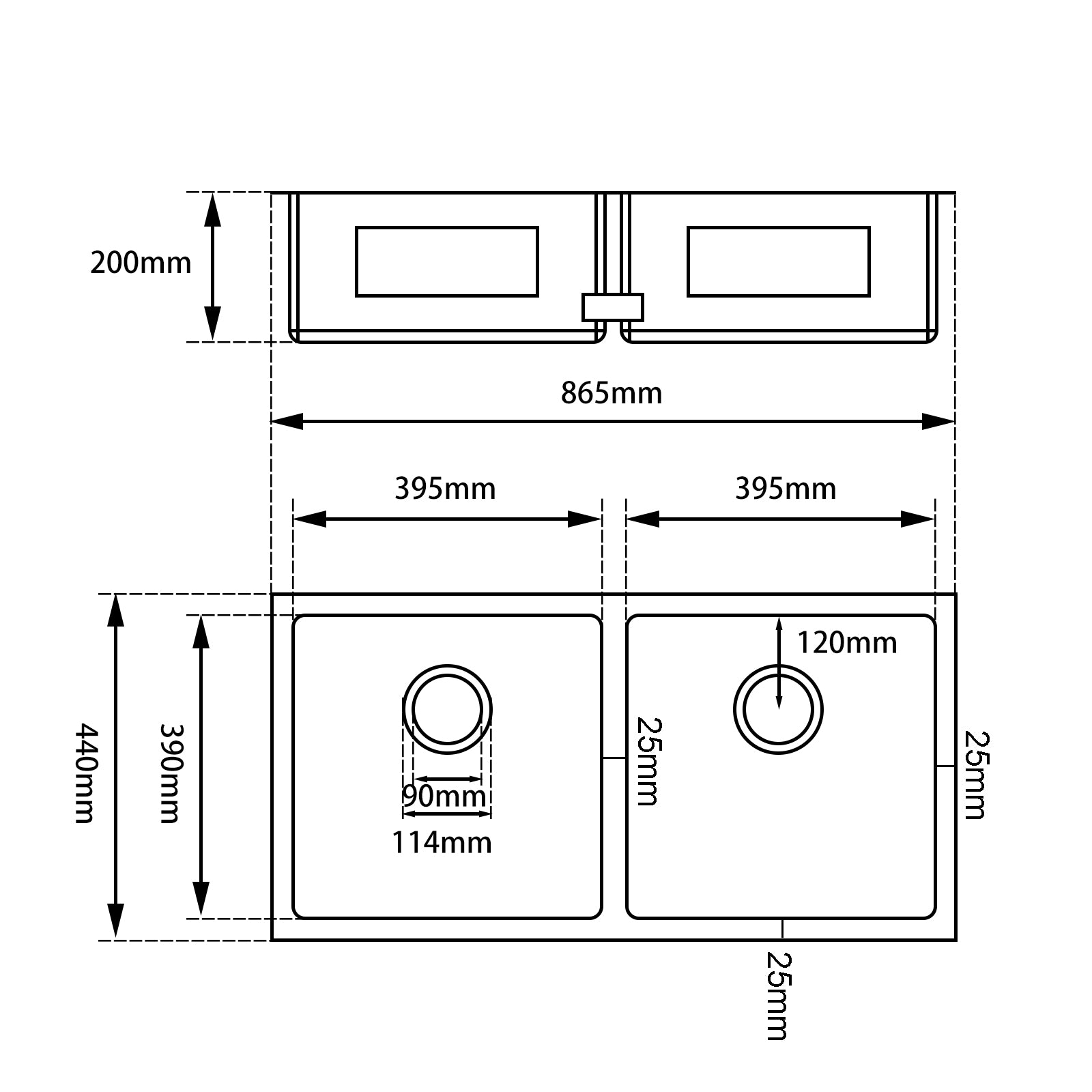 Stainless Steel Double Bowl Kitchen Sink 860x440x200mm