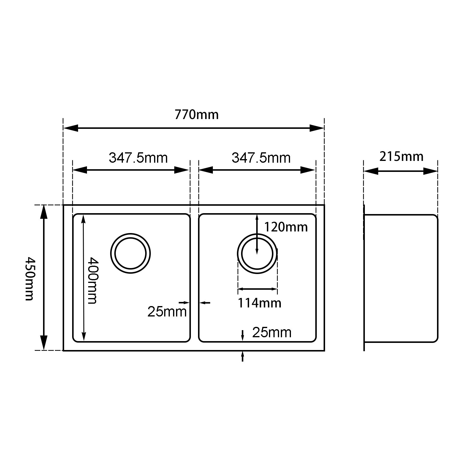 Stainless Steel Double Bowl Kitchen Sink 770x450x215mm