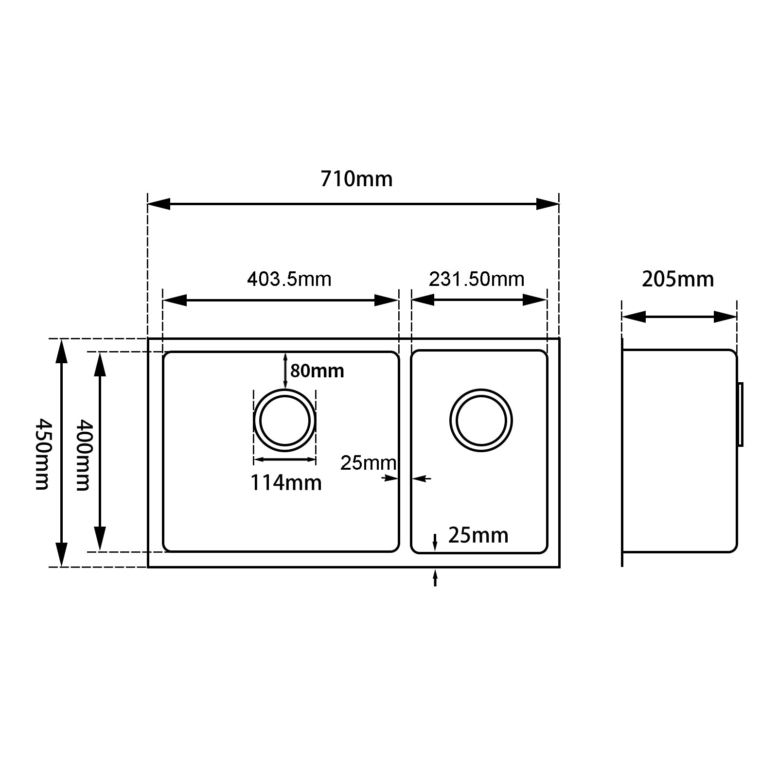 Stainless Steel 1 & 1/2 Bowl Kitchen Sink 710x450x205mm