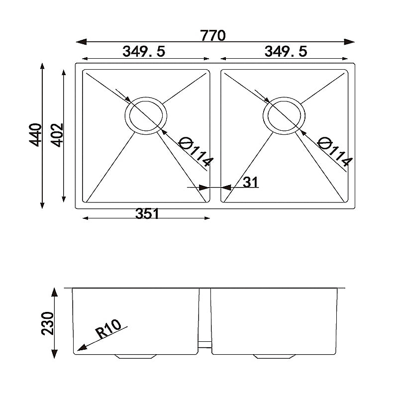 Stainless Steel Double Bowl Kitchen Sink 770x440x230mm