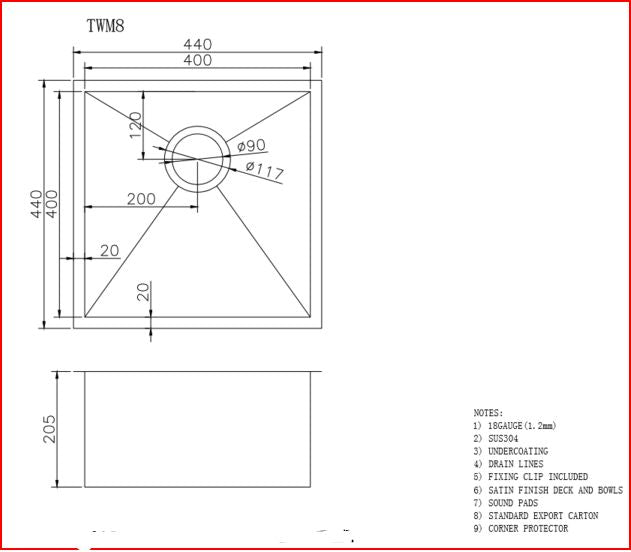 Stainless Steel PVD Single Bowl Kitchen Sink 440x440x205mm