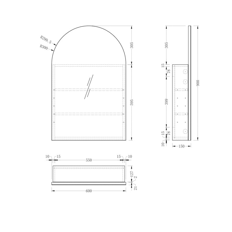 Carysil Imperial 600x900mm Walnut Arch Shaving Cabinet