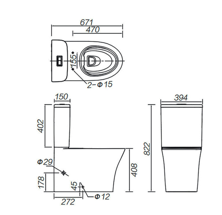 Arrow Armino 670*380*810mm Dual Flush Washdown Two - piece Ceramic Toilet Suite Soft Closed Seat