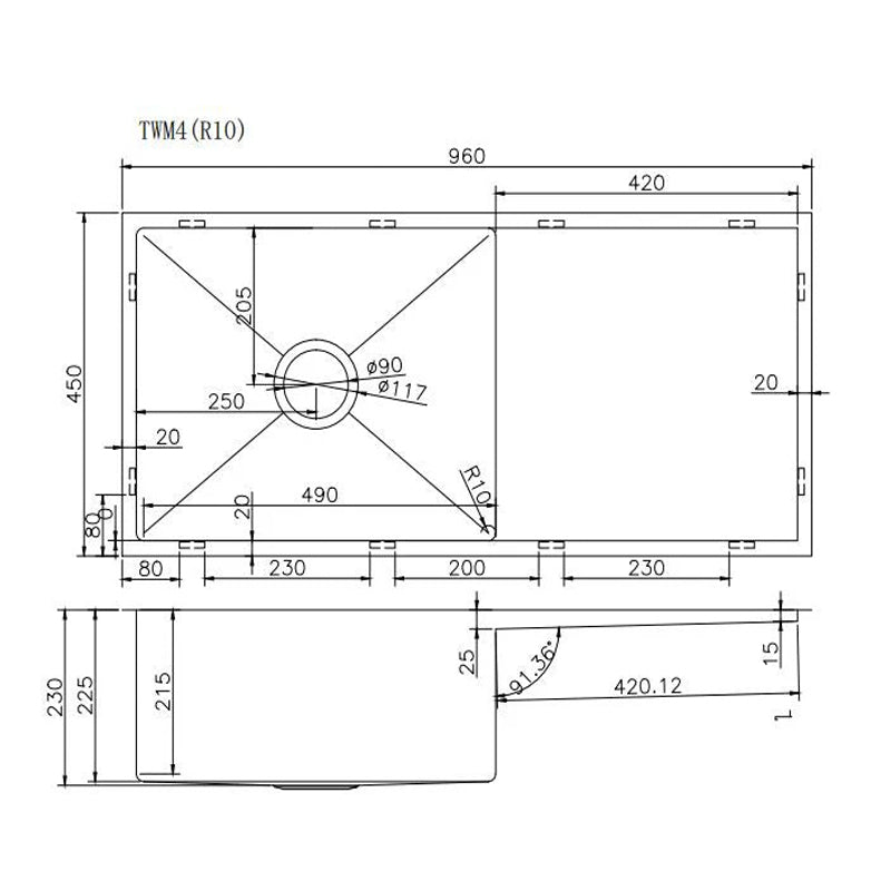 Stainless Steel PVD Coating Single Bowl with Drain Board Kitchen Sink 960*450*230mm