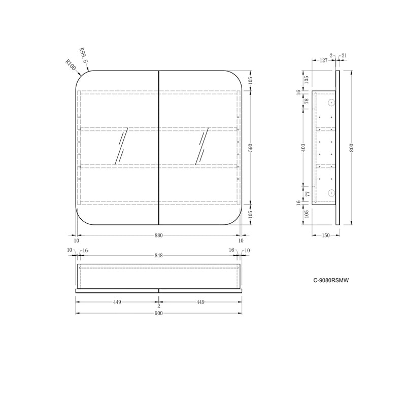 Carysil 900x800mm Grand Matte Shaving Cabinet