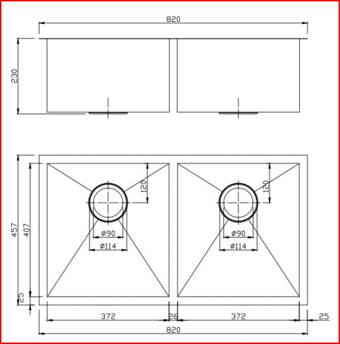 Stainless Steel PVD Double Bowl Kitchen Sink 820x457x230mm