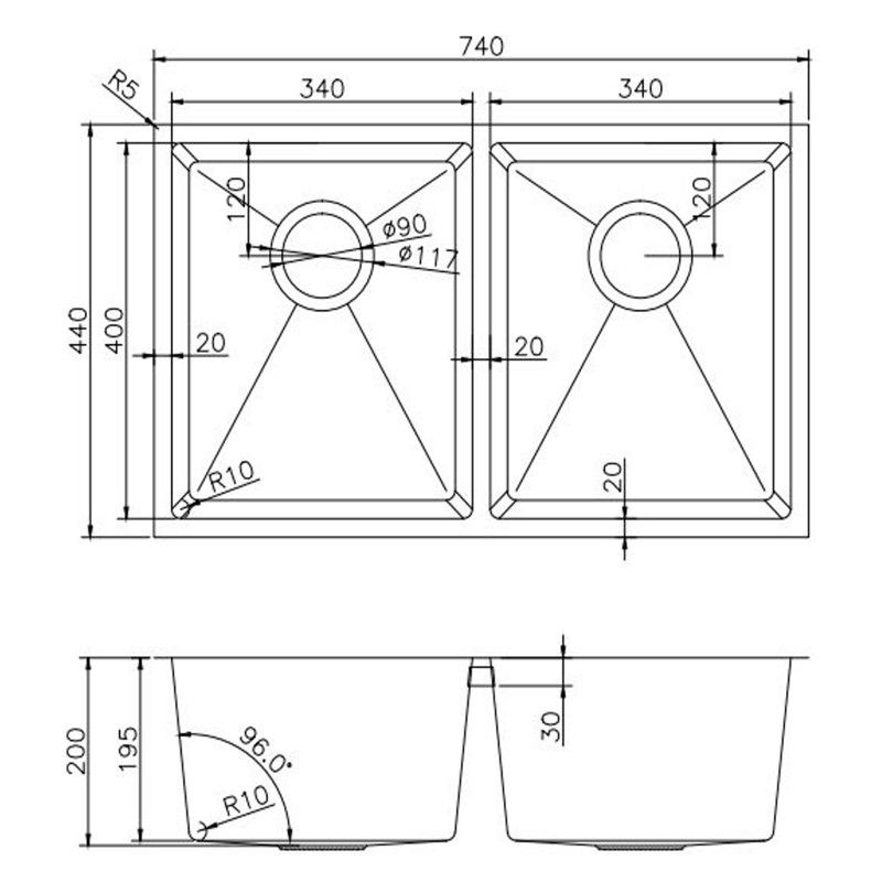 Stainless Steel Double Bowl Kitchen Sink 740x440x200mm