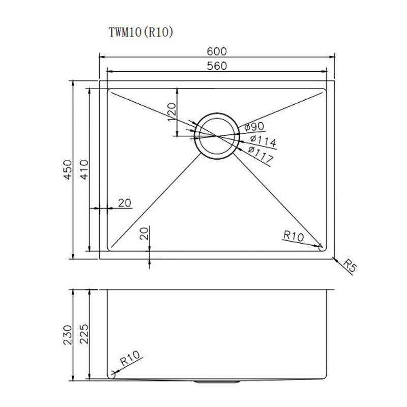 Round Corner Stainless Steel PVD Coating Single Bowl Kitchen Sink(with Bottom Grid) 600*450*230mm