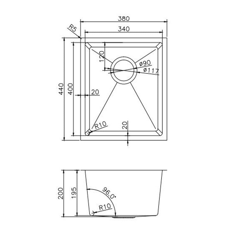 Stainless Steel Single Bowl Kitchen Sink 380x440x200mm