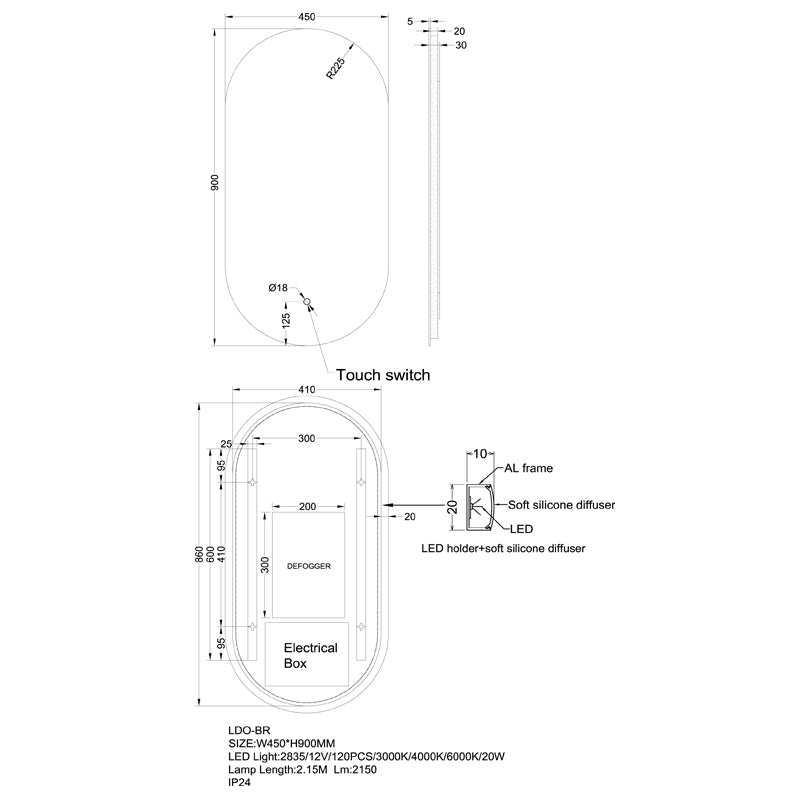 LED Mirror 450x900mm